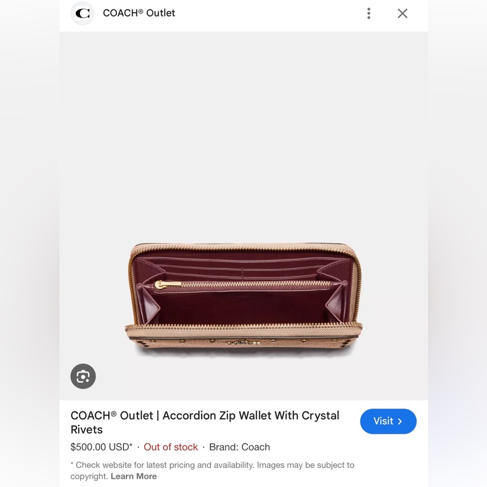 NWOT COACH Accordion Zip Wallet With Crystal Rivets - Picture 9 of 10